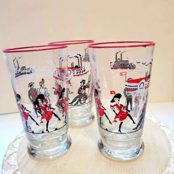 Libbey Other - Rare Vintage Libbey "Showboat" Hi-Ball Glasses, Music, Dance & Fun - Red & black